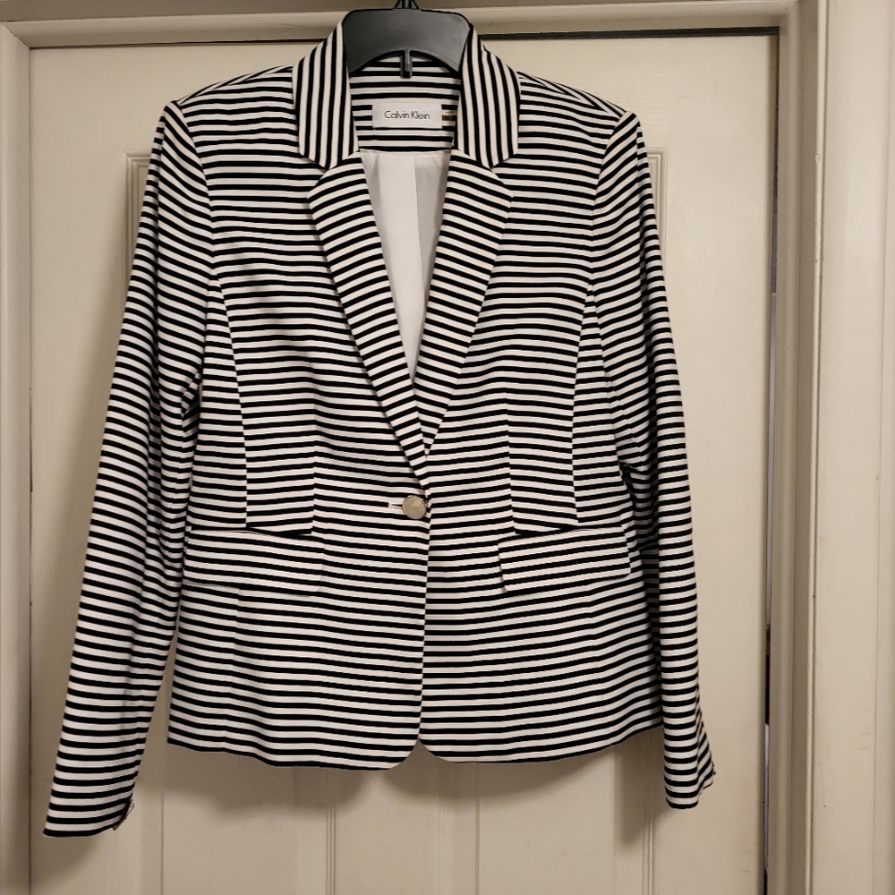 Calvin Klein Black and White Stripe One Button ,Stretch Blazer Size 8